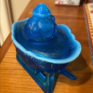Blue Glass Decorative Santa in a Sleigh Candy Dish